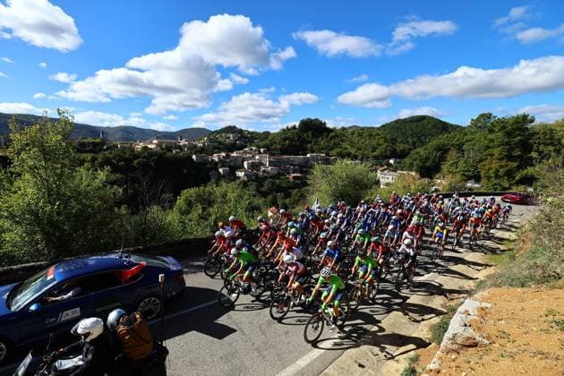 The pack of riders pictured in action during the Men Elite raod race, a 202,5 km from Privas to Guilherand-Granges, at the UEC road European cycling championships, Sunday 05 October 2025, France. The European cycling championships Drome-Ardeche takes place from 1 to 5 October, France. DAVIDxPINTENS  x136117332x