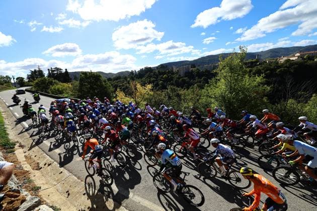 The pack of riders pictured in action during the Men Elite raod race, a 202,5 km from Privas to Guilherand-Granges, at the UEC road European cycling championships, Sunday 05 October 2025, France. The European cycling championships Drome-Ardeche takes place from 1 to 5 October, France. DAVIDxPINTENS  x136117354x