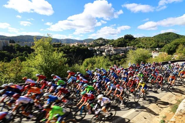 The pack of riders pictured in action during the Men Elite raod race, a 202,5 km from Privas to Guilherand-Granges, at the UEC road European cycling championships, Sunday 05 October 2025, France. The European cycling championships Drome-Ardeche takes place from 1 to 5 October, France. DAVIDxPINTENS  x136117543x