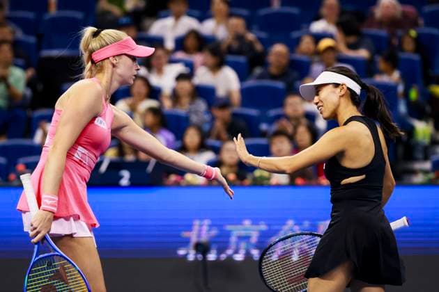BEIJING, CHINA - OCTOBER 05: Miyu Kato of Japan and Fanny Stollar of Hungary react in the Women s Doubles Final match against Sara Errani and Jasmine Paolini of Italy on day 14 of the 2025 China Open at the National Tennis Center on October 5, 2025 in Beijing, China.  Copyright: xVCGx 111595194783