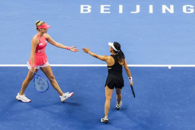 BEIJING, CHINA - OCTOBER 05: Miyu Kato of Japan and Fanny Stollar of Hungary react in the Women s Doubles Final match against Sara Errani and Jasmine Paolini of Italy on day 14 of the 2025 China Open at the National Tennis Center on October 5, 2025 in Beijing, China.  Copyright: xVCGx 111595193327