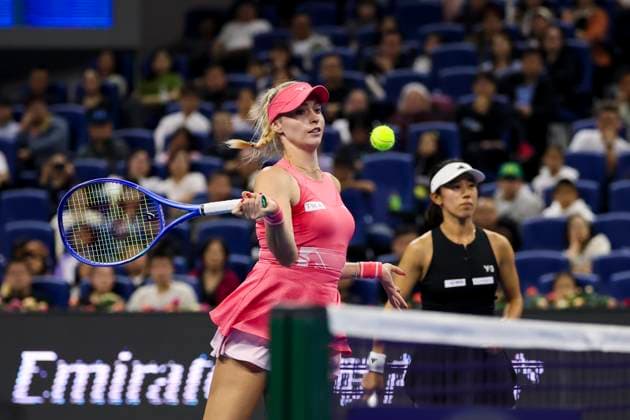 BEIJING, CHINA - OCTOBER 05: Miyu Kato of Japan and Fanny Stollar of Hungary return a shot in the Women s Doubles Final match against Sara Errani and Jasmine Paolini of Italy on day 14 of the 2025 China Open at the National Tennis Center on October 5, 2025 in Beijing, China.  Copyright: xVCGx 111595194148