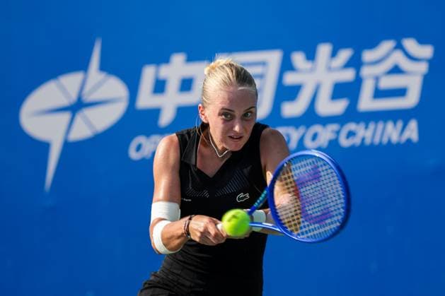 WUHAN, CHINA - OCTOBER 05: Polina Kudermetova returns a shot in the Women s Singles Qualifying second round match against Viktoriya Tomova of Bulgaria on day 2 of 2025 Wuhan Open at Optics Valley International Tennis Center on October 5, 2025 in Wuhan, Hubei Province of China.  Copyright: xVCGx 111595195971