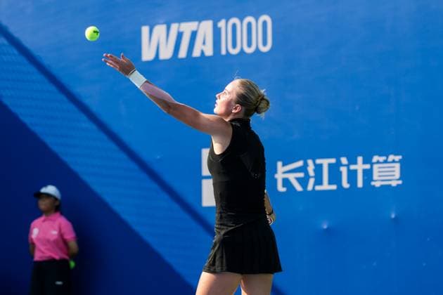 WUHAN, CHINA - OCTOBER 05: Polina Kudermetova returns a shot in the Women s Singles Qualifying second round match against Viktoriya Tomova of Bulgaria on day 2 of 2025 Wuhan Open at Optics Valley International Tennis Center on October 5, 2025 in Wuhan, Hubei Province of China.  Copyright: xVCGx 111595195972