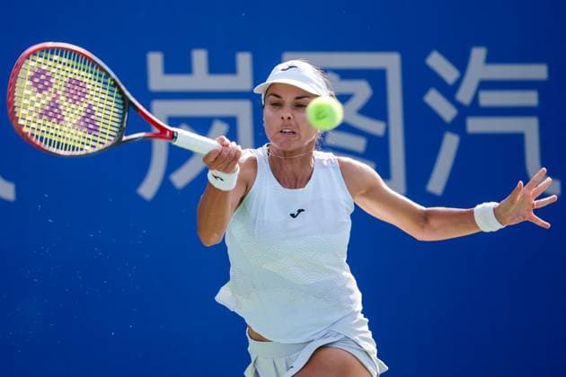 WUHAN, CHINA - OCTOBER 05: Viktoriya Tomova of Bulgaria returns a shot in the Women s Singles Qualifying second round match against Polina Kudermetova on day 2 of 2025 Wuhan Open at Optics Valley International Tennis Center on October 5, 2025 in Wuhan, Hubei Province of China.  Copyright: xVCGx 111595195955