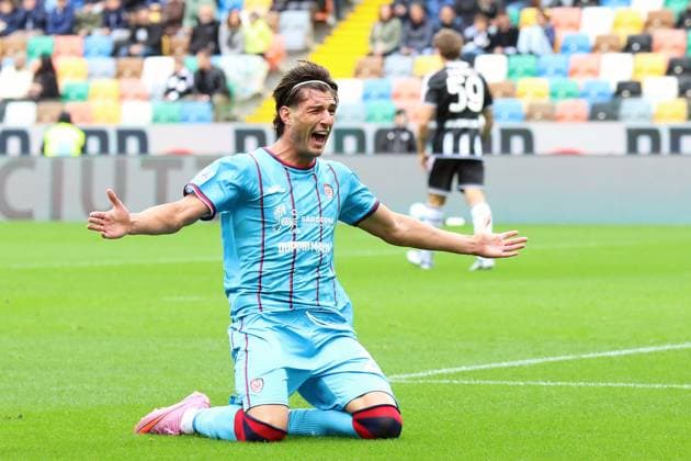 Cagliari s Gennaro Borrelli celebrates after scoring the 1-0 goal for his team during the Serie A soccer match between Udinese and Cagliari at the Bluenergy Stadium in Udine, north east Italy - Sunday, October 05,2026 - soccer  Copyright: xAndreaxBressanutti LaPressex