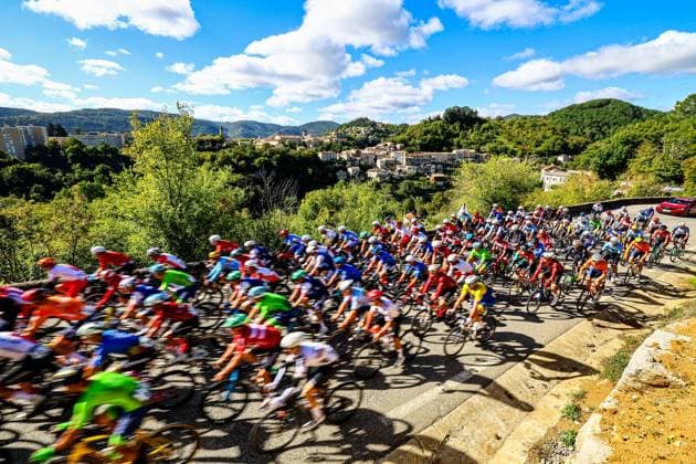 The pack of riders pictured in action during the Men Elite raod race, a 202,5 km from Privas to Guilherand-Granges, at the UEC road European cycling championships, Sunday 05 October 2025, France. The European cycling championships Drome-Ardeche takes place from 1 to 5 October, France. DAVIDxPINTENS  x136123371x