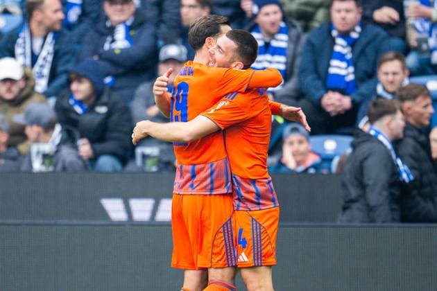 05 10 2025 Soccer, 2025 2026, 2 Bundesliga, Matchday 8, DSC Arminia Bielefeld FC Schalke 04 R Hasan Kurucay Schalke cheers after his goal to 0 2 with Kenan Karaman Schalke DFL REGULATIONS PROHIBIT ANY USE OF PHOTOGRAPHS AS IMAGE SEQUENCES AND OR QUASI VIDEO
