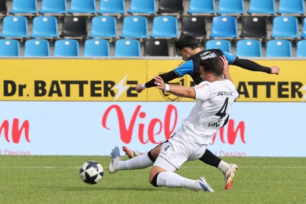 Goal for 1 0 by Ismail Harnafi FSV Frankfurt, No 1 on the after run duel with Milan Petrovich Kickers, No 4 , Goal , Regionalliga, FSV Frankfurt Stuttgarter Kickers, Soccer Regionalliga Südwest 25 26, 11 Matchday, Season 2025 2026, 05 10 2025, Frankfurt PSD Bank Arena Germany