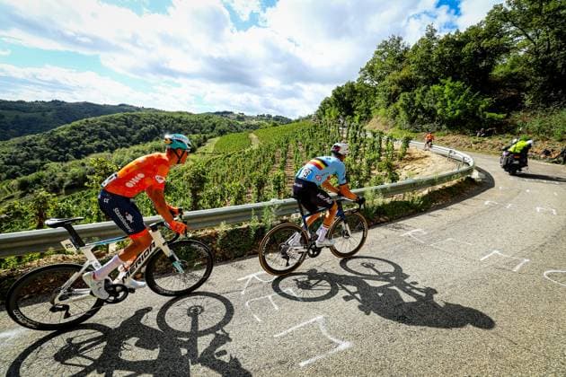 Netherlands Mathijs Paasschens and Belgium Louis Vervaecke pictured in action during the Men Elite raod race, a 202,5 km from Privas to Guilherand-Granges, at the UEC road European cycling championships, Sunday 05 October 2025, France. The European cycling championships Drome-Ardeche takes place from 1 to 5 October, France. DAVIDxPINTENS  x136127250x