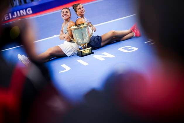 BEIJING, CHINA - OCTOBER 05: Sara Errani and Jasmine Paolini of Italy pose with trophy after winning the Women s Doubles Final match against Miyu Kato of Japan and Fanny Stollar of Hungary on day 14 of the 2025 China Open at the National Tennis Center on October 5, 2025 in Beijing, China.  Copyright: xVCGx 111595212699