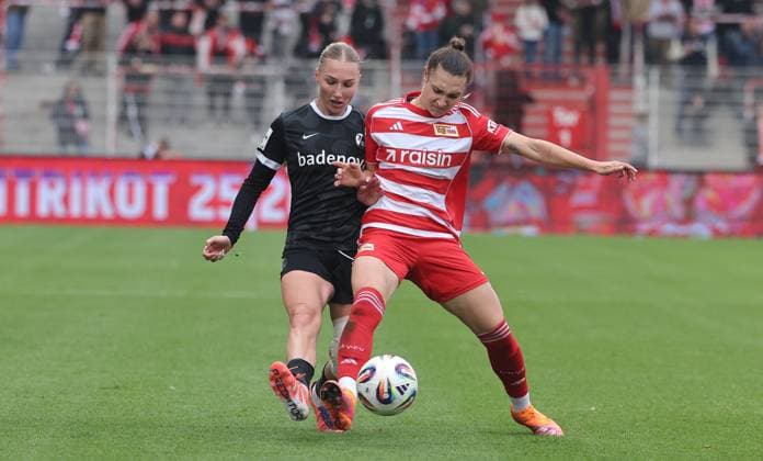 Sophie Nachtigall, Sophie Weidauer Zweikampf Spielzene Action Sport Fußball Fußball Damen Bundesliga 5 Spieltag Saison 2025 2026 05 10 2025 1 FC Union Berlin vs SC Freiburg SCF DFL regulations prohibit any use of photographs as image sequences and or quasi video