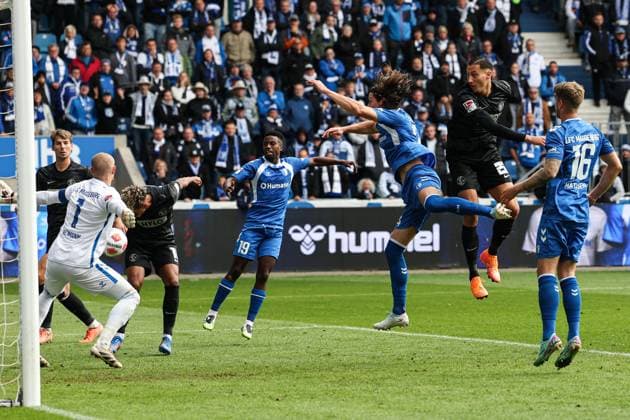 Goalscorer Bambase Conte SV 07 Elversberg,10 scores to 0 1 2 Soccer Bundesliga Season 2025 2026 1 FC Magdeburg vs SV 07 Elversberg at the Avnet Arena in Magdeburg Action,Soccer,Man,Men,Germany,05 10 2025