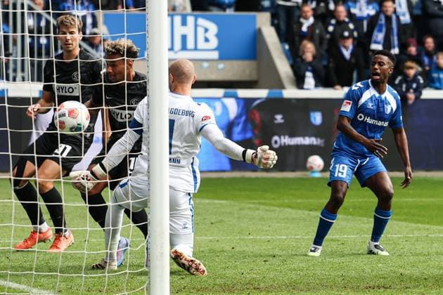 Goalscorer Bambase Conte SV 07 Elversberg,10 scores to 0 1 2 Soccer Bundesliga Season 2025 2026 1 FC Magdeburg vs SV 07 Elversberg at the Avnet Arena in Magdeburg Action,Soccer,Man,Men,Germany,05 10 2025