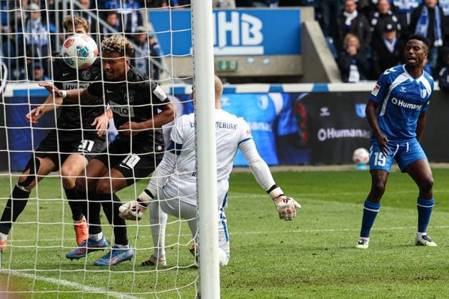 Goalscorer Bambase Conte SV 07 Elversberg,10 scores to 0 1 2 Soccer Bundesliga Season 2025 2026 1 FC Magdeburg vs SV 07 Elversberg at the Avnet Arena in Magdeburg Action,Soccer,Man,Men,Germany,05 10 2025
