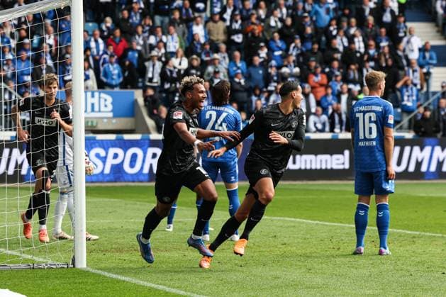 Goalscorer Bambase Conte SV 07 Elversberg,10 scores to 0 1 2 Soccer Bundesliga Season 2025 2026 1 FC Magdeburg vs SV 07 Elversberg at the Avnet Arena in Magdeburg Action,Soccer,Man,Men,Germany,05 10 2025
