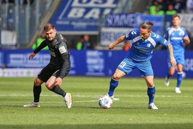 Magdeburg, Saxony-Anhalt, Germany, 05 10 2025 Avnet Arena 8 Matchday, Season 2025 26, 2 Soccer Bundesliga 1 FC Magdeburg Sportvereinigung 07 Elversberg Lukasz Poreba 08, SV Elversberg and Baris Atik 23, 1 FC Magdeburg in duel Copyright: xdtsxNachrichtenagenturx dts_86463