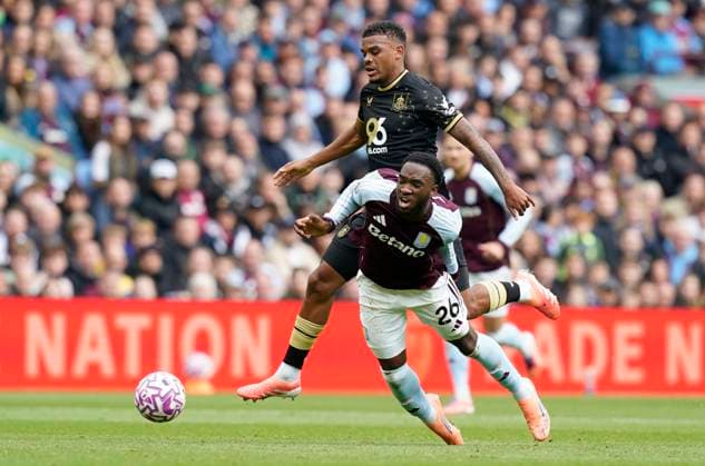 Birmingham, England, 5th October 2025. Lamare Bogarde of Aston Villa (L) is challenged by Lyle Foster of Burnley during the Aston Villa vs Burnley Premier League match at Villa Park, Birmingham. Picture credit should read: Andrew Yates Sportimage EDITORIAL USE ONLY. No use with unauthorised audio, video, data, fixture lists, club league logos or live services. Online in-match use limited to 120 images, no video emulation. No use in betting, games or single club league player publications. SPI_006_VILLA_BURNLEY SPI-4198-0007
