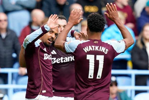 Birmingham, England, 5th October 2025. Donyell Malen of Aston Villa (L) celebrates after scoring the opening goal with John McGinn of Aston Villa and Ollie Watkins of Aston Villa during the Aston Villa vs Burnley Premier League match at Villa Park, Birmingham. Picture credit should read: Andrew Yates Sportimage EDITORIAL USE ONLY. No use with unauthorised audio, video, data, fixture lists, club league logos or live services. Online in-match use limited to 120 images, no video emulation. No use in betting, games or single club league player publications. SPI_014_VILLA_BURNLEY SPI-4198-0012
