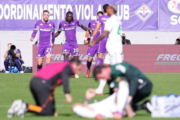 Fiorentina s Moise Kean celebrates after scoring during the Serie A EniLive soccer match between Fiorentina and Roma at the Artemio Franchi stadium in Florence, Italy - Sunday October 5, 2025 - Soccer ( Photo by Alfredo Falcone LaPresse )  Copyright: xAlfredoxFalcone LaPressex