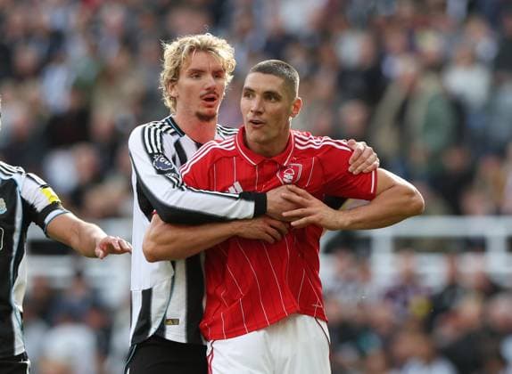 Newcastle Upon Tyne, England, 5th October 2025. Nick Woltemade (L) of Newcastle United reacts with Nikola Milenkovic of Nottingham Forest during the Newcastle United vs Nottingham Forest Premier League match at St. James Park, Newcastle Upon Tyne. Picture credit should read: Nigel Roddis Sportimage EDITORIAL USE ONLY. No use with unauthorised audio, video, data, fixture lists, club league logos or live services. Online in-match use limited to 120 images, no video emulation. No use in betting, games or single club league player publications. SPI_013_NR_NEWC_NOTT SPI-4199-0013