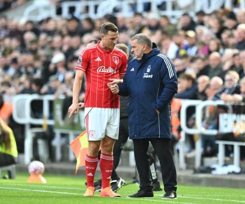 Chris Wood of Nottingham Forest (left) and Ange Postecoglou manager of Nottingham Forest Newcastle United v Nottingham Forest, Premier League, Football, St James Park, Newcastle, UK - 05 Oct 2025Newcastle St James Park United Kingdom EDITORIAL USE ONLY No use with unauthorised audio, video, data, fixture lists, club league logos or live services. Online in-match use limited to 120 images, no video emulation. No use in betting, games or single club league player publications. Copyright: xRichardxLee Shutterstockx 15515863aq