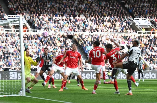 Joelinton of Newcastle United sees his header saved by Matz Sels goalkeeper for Nottingham Forest Newcastle United v Nottingham Forest, Premier League, Football, St James Park, Newcastle, UK - 05 Oct 2025Newcastle St James Park United Kingdom EDITORIAL USE ONLY No use with unauthorised audio, video, data, fixture lists, club league logos or live services. Online in-match use limited to 120 images, no video emulation. No use in betting, games or single club league player publications. Copyright: xRichardxLee Shutterstockx 15515863ar