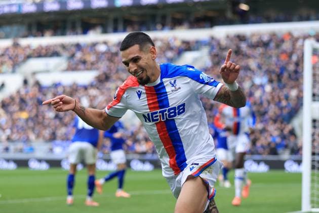 Fußball Premier League Everton gegen Crystal Palace 5. Oktober 2025 Premier League Everton gegen Crystal Palace Daniel Munoz von Crystal Palace jubelt nach seinem ersten Tor Foto Simon Stacpoole Abseits Liverpool UK  Copyright: xSimonxStacpoolexOffside