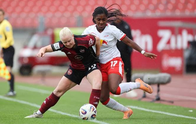 Gambone Aleigh - Boboy Delice , 1.FC Nürnberg-RB Leipzig , Google Pixel Frauen-Bundesliga , Fußball , in den Max Morlock Stadion, in Nürnberg , Bayern, Deutschland. Oktober 05, 2025 . Photo by: Davide Elias IPA Photo Pressefoto DENL Copyright: xDavidexEliasx