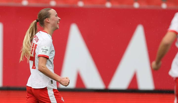 Dudek Nikoline Torjubel 0-1 1.FC Nürnberg-RB Leipzig , Google Pixel Frauen-Bundesliga , Fußball , in den Max Morlock Stadion, in Nürnberg , Bayern, Deutschland. Oktober 05, 2025 . Photo by: Davide Elias IPA Photo Pressefoto DENL Copyright: xDavidexEliasx