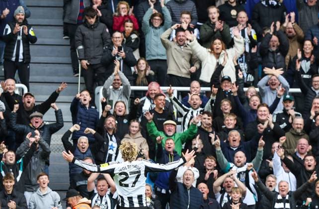 Newcastle Upon Tyne, England, 5th October 2025. Nick Woltemade of Newcastle United celebrates scoring a penalty for the second goal during the Newcastle United vs Nottingham Forest Premier League match at St. James Park, Newcastle Upon Tyne. Picture credit should read: Nigel Roddis Sportimage EDITORIAL USE ONLY. No use with unauthorised audio, video, data, fixture lists, club league logos or live services. Online in-match use limited to 120 images, no video emulation. No use in betting, games or single club league player publications. SPI_028_NR_NEWC_NOTT SPI-4199-0028