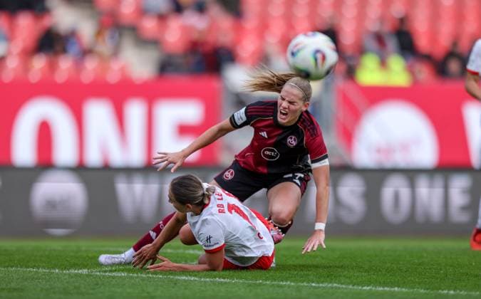 DEU, Nürnberg, FC Nürnberg vs RB Leipzig, Google Pixel Bundesliga, DFB, Saison 2526, Max Morlock Stadion, 5 Spieltag im Bild v l n r Gina Chmielinski RB Leipzig 10 , Nastassja Lein FC Nürnberg 24 DFB DFL REGULATIONS PROHIBIT ANY USE OF PHOTOGRAPHS AS IMAGE SEQUENCES AND OR QUASI VIDEO, 05 10 2025, Copyright: HMBxMedia HendrikxHamelau