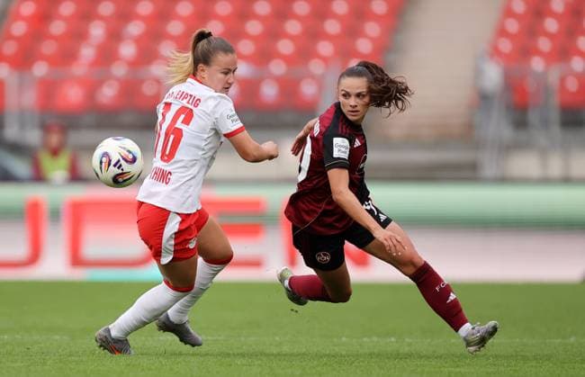 Schasching Annabel - Homann Sanja , 1.FC Nürnberg-RB Leipzig , Google Pixel Frauen-Bundesliga , Fußball , in den Max Morlock Stadion, in Nürnberg , Bayern, Deutschland. Oktober 05, 2025 . Photo by: Davide Elias IPA Photo Pressefoto DENL Copyright: xDavidexEliasx