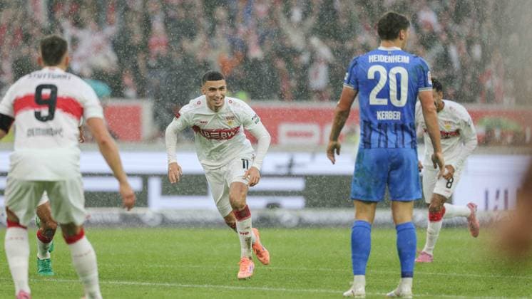 Stuttgart , Bundesliga soccer VfB Stuttgart vs 1 FC Heidenheim, Bilai El Khannouss VfB cheers after the goal to 1 0 According to the regulations of the DFL German Football League, it is prohibited to use or have used photographs taken in the stadium and or of the game in the form of sequential images and or video-like photo series