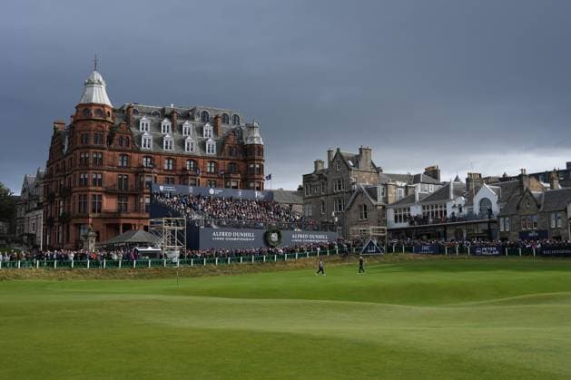 5th October 2025; The Old Course at St Andrews, Fife, Scotland; Alfred Dunhill Links Golf Championship, Final Round; Tyrrell Hatton on the green in front of the grandstand at the 18th hole  AlecxBrown