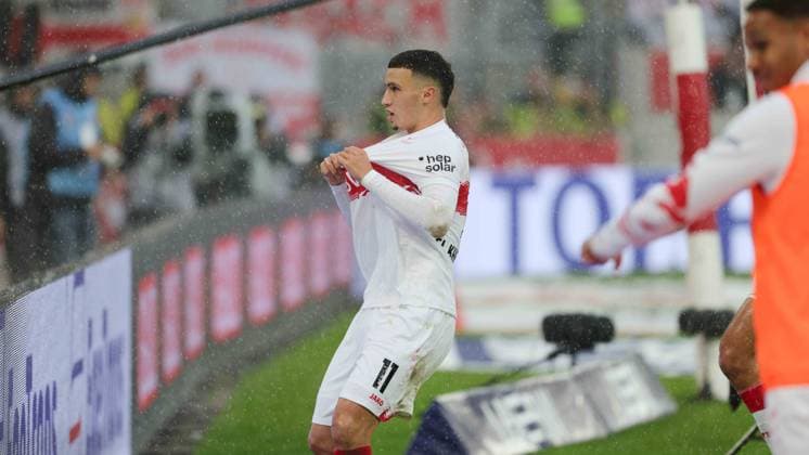 Stuttgart , Bundesliga soccer VfB Stuttgart vs 1 FC Heidenheim, Bilai El Khannouss VfB cheers after the goal to 1 0 According to the regulations of the DFL German Football League, it is prohibited to use or have used photographs taken in the stadium and or of the game in the form of sequential images and or video-like photo series