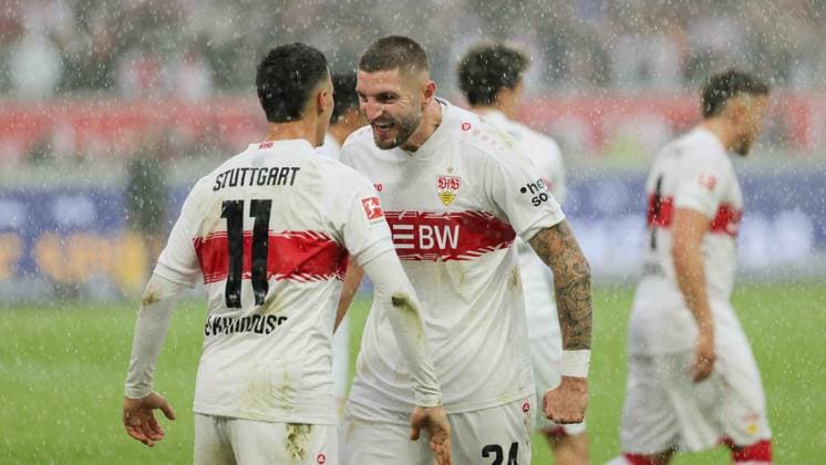 Stuttgart , Bundesliga soccer VfB Stuttgart vs 1 FC Heidenheim, from left Bilai El Khannouss VfB and Jeff Chabot VfB cheer after the goal to 1 0 According to the regulations of the DFL German Football League, it is prohibited to use or have used photographs taken in the stadium and or of the match in the form of sequential images and or video-like photo series
