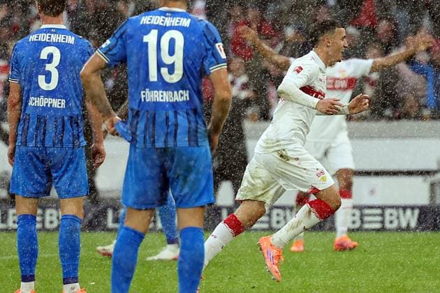 05 10 2025, xrekx, Fussball 1 Bundesliga, VfB Stuttgart 1 FC Heidenheim v l Torjubel nach dem Tor zum celebrating the goal celebrate 1 0 durch Bilal El Khannouss VfB Stuttgart DFL DFB REGULATIONS PROHIBIT ANY USE OF PHOTOGRAPHS as IMAGE SEQUENCES and or QUASI VIDEO Stuttgart