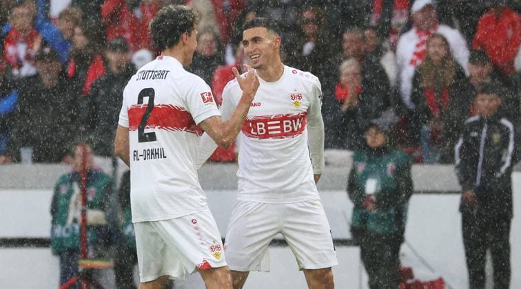 Stuttgart , Bundesliga soccer VfB Stuttgart vs 1 FC Heidenheim, f l Ameen Al Dakhil celebrates the goal to 1 0 with scorer Bilal El Khannoouss VfB According to the regulations of the DFL German Football League, it is prohibited to use or have used photographs taken in the stadium and or of the match in the form of sequential images and or video-like photo series