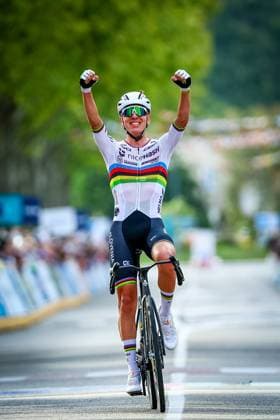 Slovenia Tadej Pogacar celebrates as he crosses the finish line to win the Men Elite raod race, a 202,5 km from Privas to Guilherand-Granges, at the UEC road European cycling championships, Sunday 05 October 2025, France. The European cycling championships Drome-Ardeche takes place from 1 to 5 October, France. DAVIDxPINTENS  x136139475x
