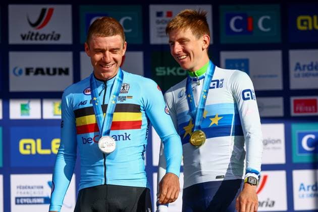Belgium Remco Evenepoel and Slovenia Tadej Pogacar pictured on the podium after the Men Elite raod race, a 202,5 km from Privas to Guilherand-Granges, at the UEC road European cycling championships, Sunday 05 October 2025, France. The European cycling championships Drome-Ardeche takes place from 1 to 5 October, France. DAVIDxPINTENS  x136141128x