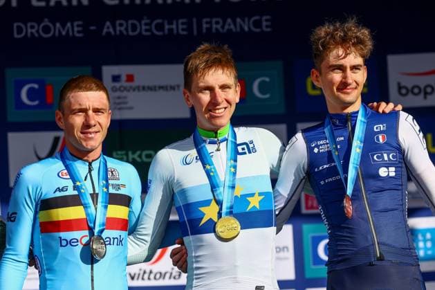 Belgium Remco Evenepoel, Slovenia Tadej Pogacar and France Paul Seixas pictured on the podium after the Men Elite raod race, a 202,5 km from Privas to Guilherand-Granges, at the UEC road European cycling championships, Sunday 05 October 2025, France. The European cycling championships Drome-Ardeche takes place from 1 to 5 October, France. DAVIDxPINTENS  x136141151x