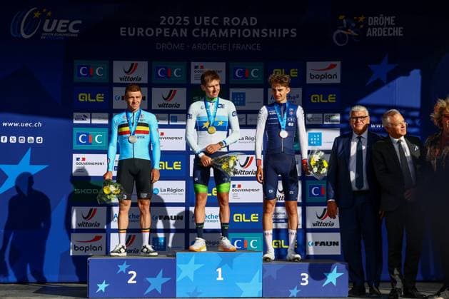 Belgium Remco Evenepoel, Slovenia Tadej Pogacar and France Paul Seixas pictured on the podium after the Men Elite raod race, a 202,5 km from Privas to Guilherand-Granges, at the UEC road European cycling championships, Sunday 05 October 2025, France. The European cycling championships Drome-Ardeche takes place from 1 to 5 October, France. DAVIDxPINTENS  x136141219x