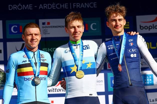 Belgium Remco Evenepoel, Slovenia Tadej Pogacar and France Paul Seixas pictured on the podium after the Men Elite raod race, a 202,5 km from Privas to Guilherand-Granges, at the UEC road European cycling championships, Sunday 05 October 2025, France. The European cycling championships Drome-Ardeche takes place from 1 to 5 October, France. DAVIDxPINTENS  x136141410x