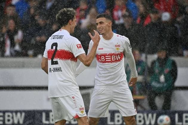 Goal celebration Bilal EL KHANNOUSS VFB Stuttgart after goal to 1 0 with li Ameen AL DAKHIL VfB Stuttgart jubilation,joy,enthusiasm, action, Football 1 Bundesliga season 2025 2026, 6 Matchday, Matchday06 VfB Stuttgart 1 FC Heidenheim 1 0 on 05 10 2025 MHP ARENA
