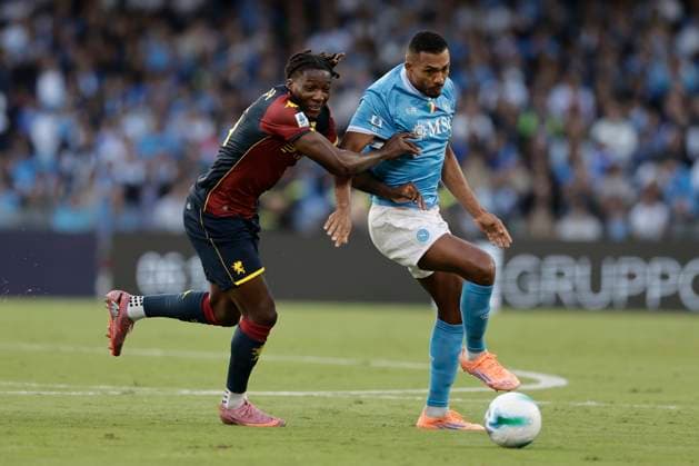 Serie a football match SSC Napoli vs Genoa Napoli s Brazilian defender Juan Jesus challenges for the ball with Genoa™s English defender Brooke Norton-Cuffy during the Serie A football match between SSC Napoli and Genoa Cricket and Football Club at the Diego Armando Maradona Stadium in Naples, October 05, 2025. _BPH8688 Copyright: xAntonioxBalascox
