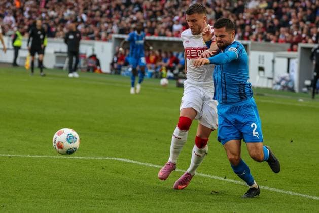 Ermedin Demirovic 9 VfB Stuttgart with a duel with Marnon Busch 2 1FC Heidenheim 1846 , which leads to a goal by Demirovic, but which is disallowed for foul play, VfB Stuttgart vs 1 FC Heidenheim 1846, DFL, Bundesliga, Saison 2025 2026, MHP Arena, Hinrunde, 6 Spieltag, 05 10 2025 DFB regulations prohibit any use of photographs as image sequences and quasi video Stuttgart Baden Wuerttemberg Germany Copyright: xkolbert-press MartinxAgüerax