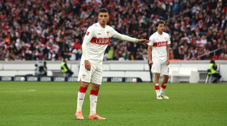 Stuttgart , Bundesliga Soccer VfB Stuttgart vs 1 FC Heidenheim, Bilal El Khannouss VfB According to the regulations of the DFL German Soccer League, it is prohibited to use or have used photographs taken in the stadium and or of the match in the form of sequential images and or video-like photo series