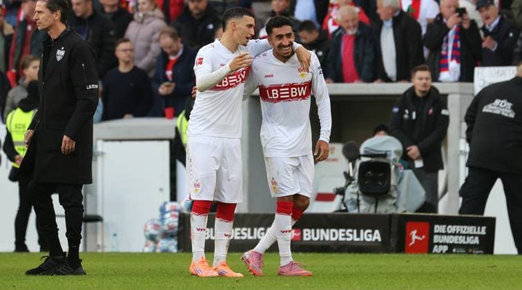 Stuttgart , Bundesliga Soccer VfB Stuttgart vs 1 FC Heidenheim, f l Bilal El Khannouss, Tiago Tomas VfB According to the regulations of the DFL German Soccer League, it is prohibited to use or have used photographs taken in the stadium and or of the match in the form of sequential images and or video-like photo series