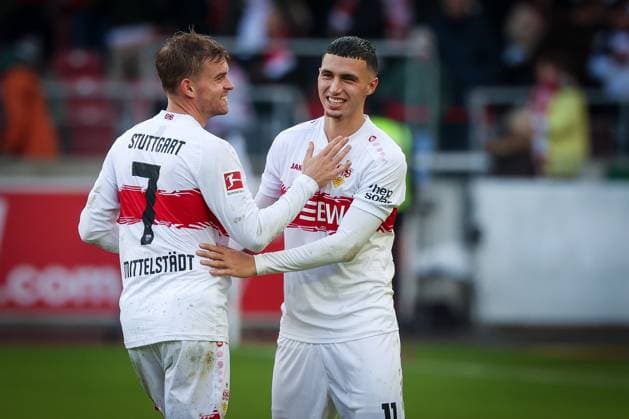 Maximilian Mittelstaedt 7 VfB Stuttgart and Bilal El Khannouss 11 VfB Stuttgart happy after the match, VfB Stuttgart vs 1 FC Heidenheim 1846, DFL, Bundesliga, Saison 2025 2026, MHP Arena, Hinrunde, 6 Spieltag, 05 10 2025 DFB regulations prohibit any use of photographs as image sequences and or quasi video Stuttgart Baden Wuerttemberg Germany Copyright: xkolbert-press MartinxAgüerax